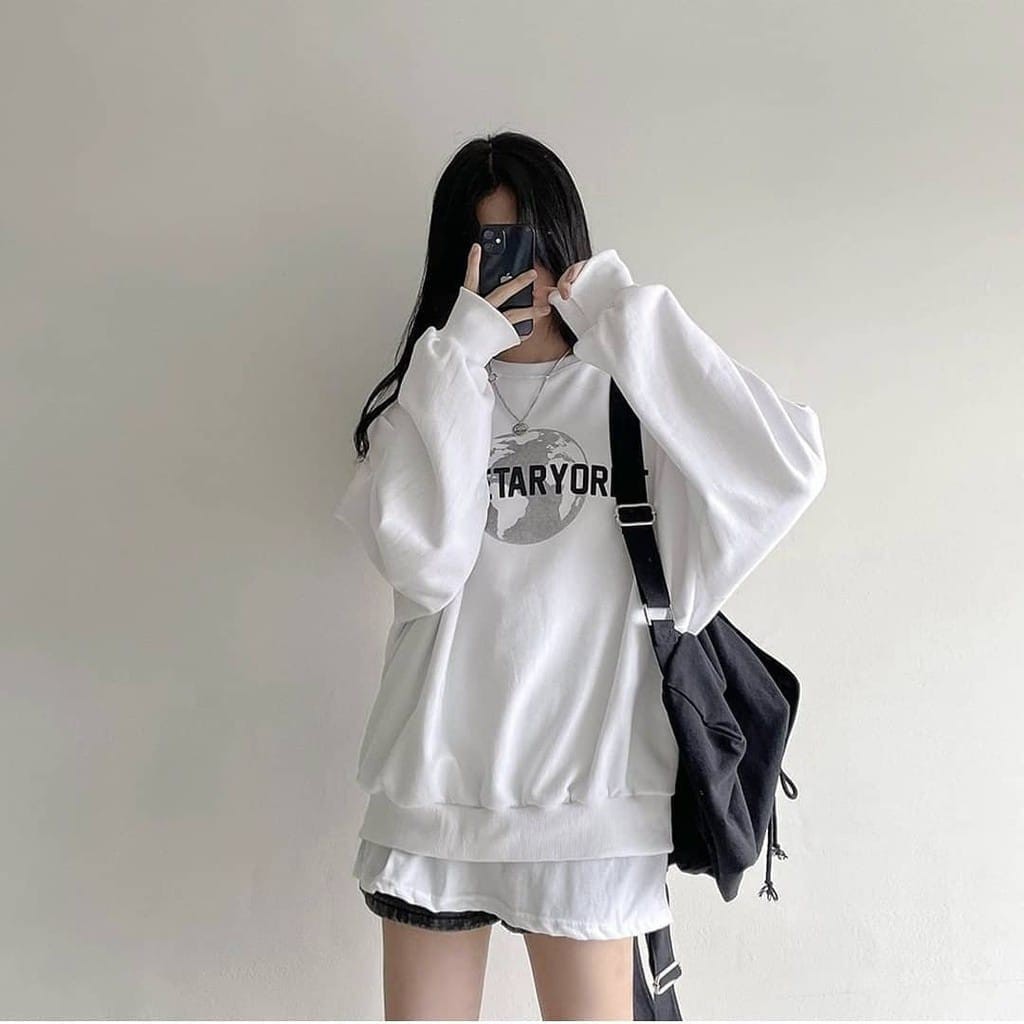 Sweater Wanita Planettary - Korean Vintage Style Crewneck Oblong Oversize - Bahan Fleece - Baju Wanita