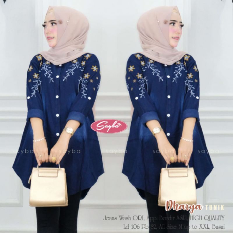 Dharya Tunik | jeans wash ORI app bordir asli HQ | ld 106 Pb 82 | M-XXL | busui