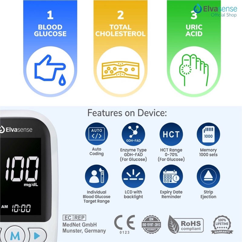 Elvasense 3in1 Multifunction Monitoring System (EMS10) gula asam urat cholesterol