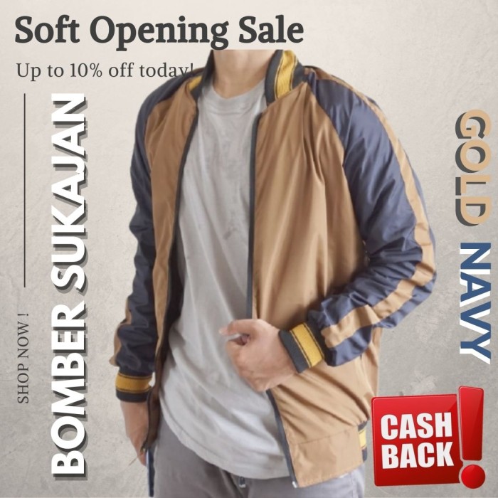 Jaket Bomber Parasut Parasit Pria Cowok Polos Premium SUKAJAN Original - GOLD NAVY, XL