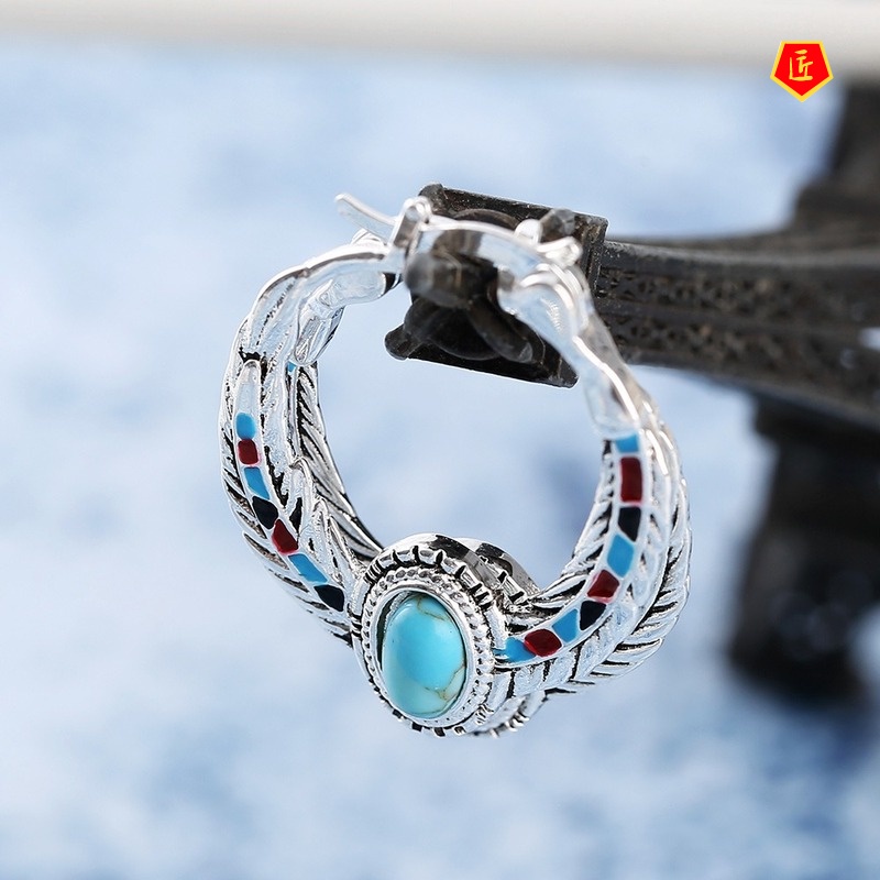 [Ready Stock]Luxury Inlaid Turquoise Feather Silver Ring