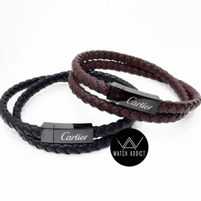 Gelang Tangan Pria Cowok Cartier Lilit Titanium Kulit Hitam