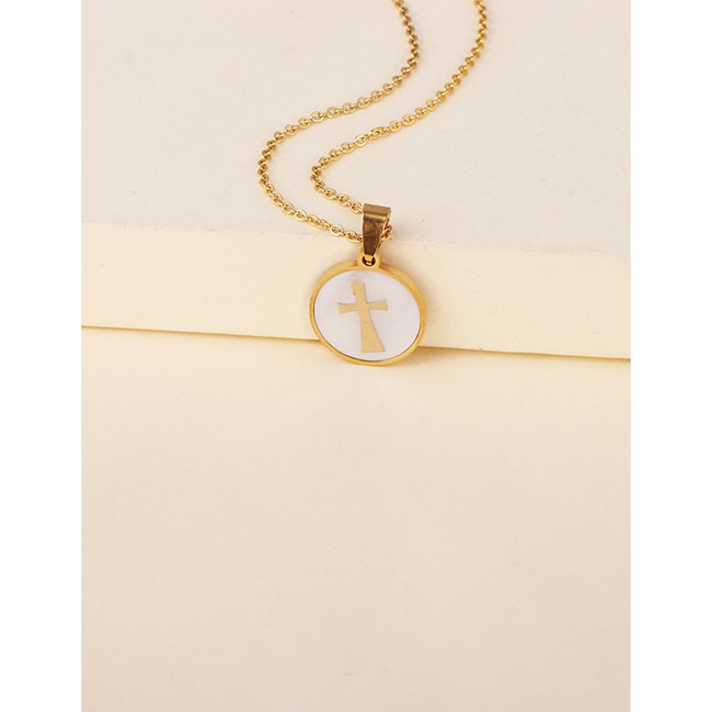 LRC Kalung Fashion Golden Stainless Steel Geometric Cross Pendant Necklace P23847