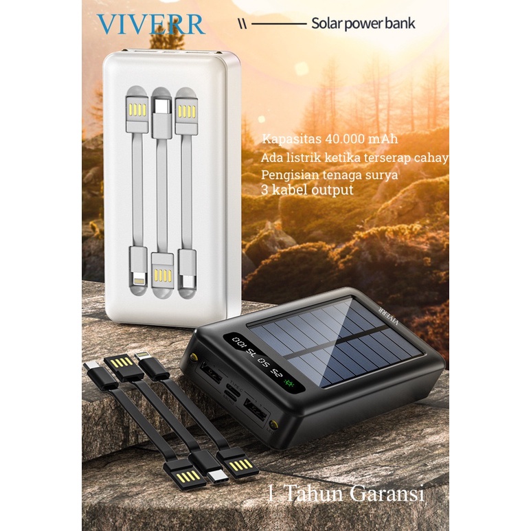 Powerbank VIVERR VS02 kapasitas 40.000mah menggunakan solar matahari 2in 1 real kapasitas garansi 1tahun.