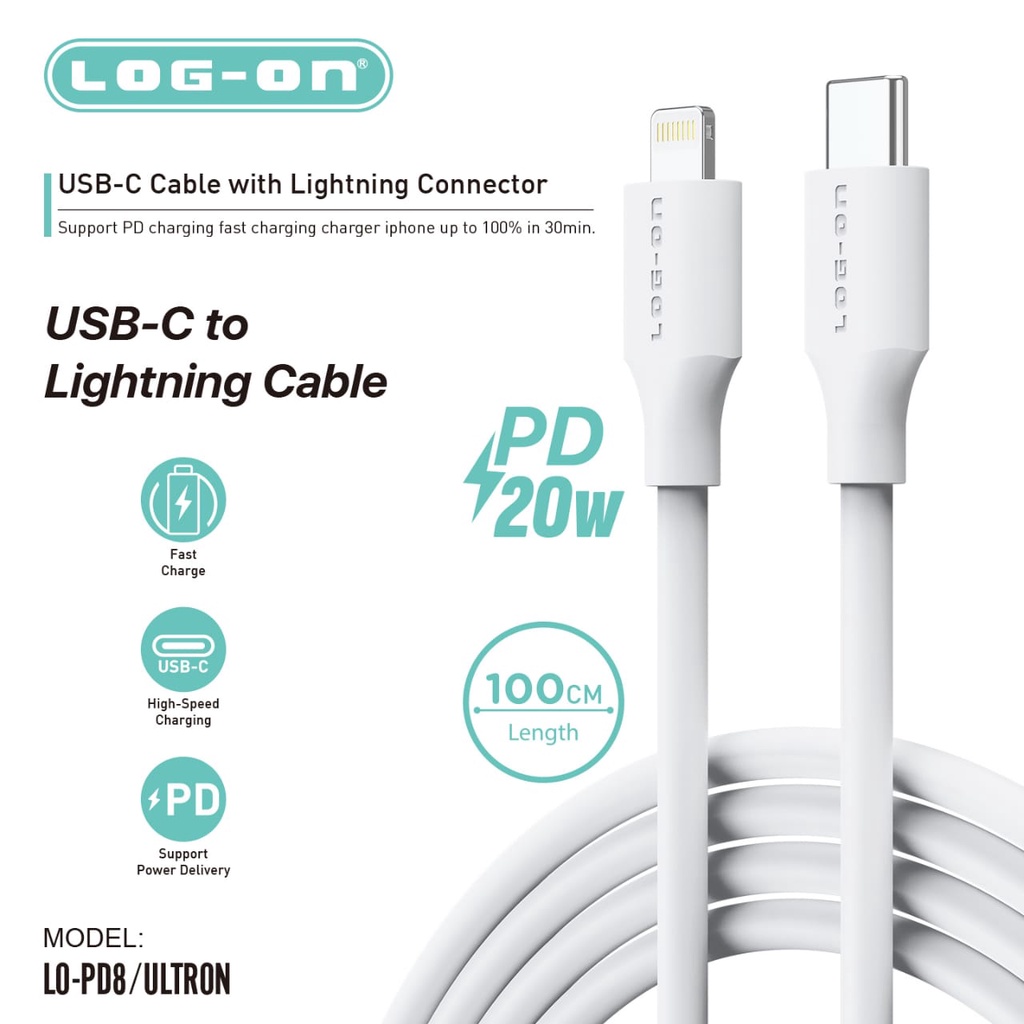 LOG-ON Kabel Data Type C to Lightning 20W Cable Data Fast Charging Power Delivery 1 Meter