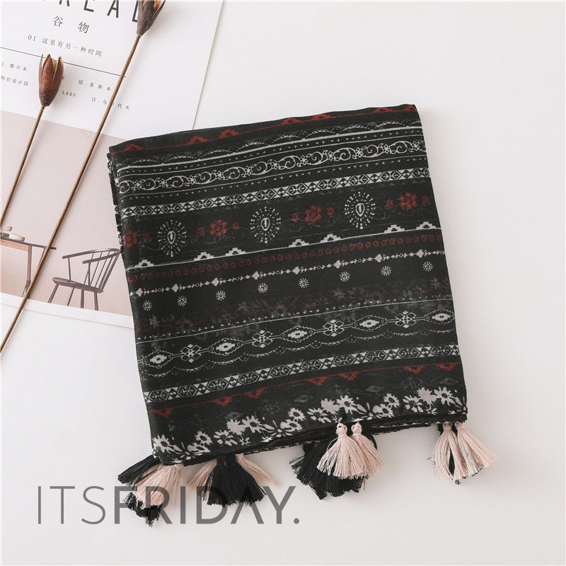 ITSFRIDAY AZURA Scarf  - Premium Pashmina Shawl Selendang Syal Pasmina Hijab Import Motif Oat Black Tassel