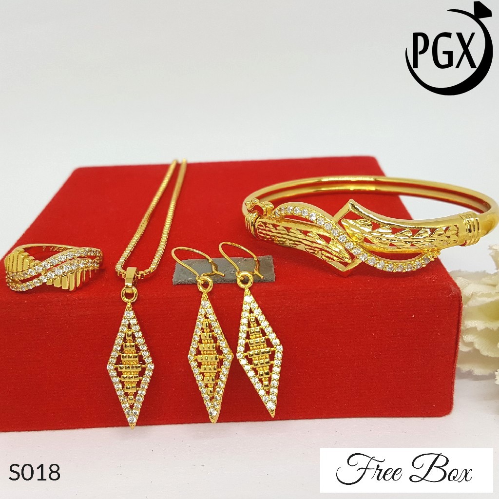 PGX Set Perhiasan Xuping Cincin Gelang Kalung Anting Lapis Emas - S018