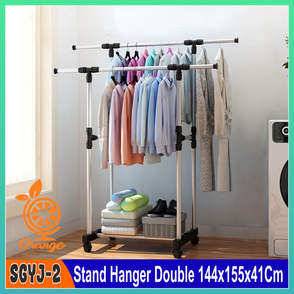 Stand Hanger Baju Single dan Double Gantungan Berdiri Rak Serbaguna Dengan 4 Roda Worldhome66