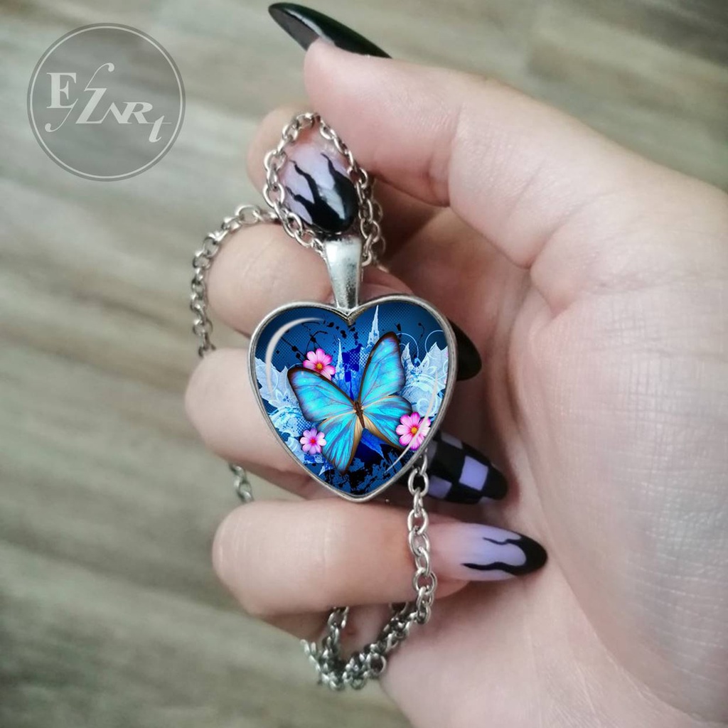 MOTIF KUPU CANTIK - KALUNG LIONTIN KACA BENTUK HATI CINTA CEMBUNG TALI KULIT RANTAI STAINLESS STEEL