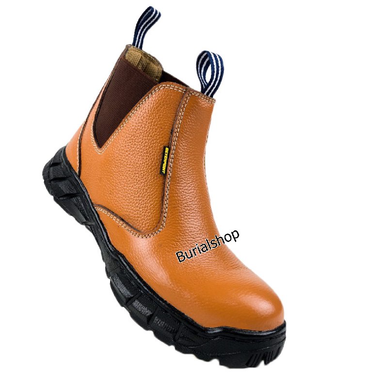 Sepatu Safety Boots Pria Kulit Asli Original Ujung Besi Baja Sefty Shoes Septy Septi Cowok Spatu Lapangan Proyek Industry Tanpa Tali BS