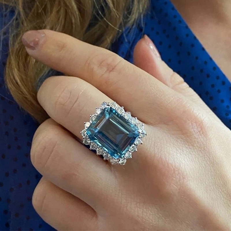 Cincin Bentuk Persegi Geometris Aksen Kubik Zirkonia Biru Untuk Aksesoris Perhiasan Wanita