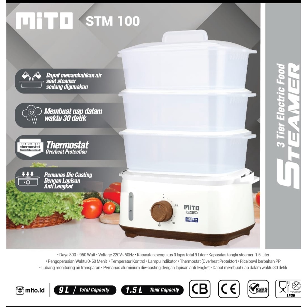 Food Steamer Mito STM 100 Pengukus Makanan Mitochiba STM100 3 Tingkat Penghangat Makanan Kukusan Makanan Listrik