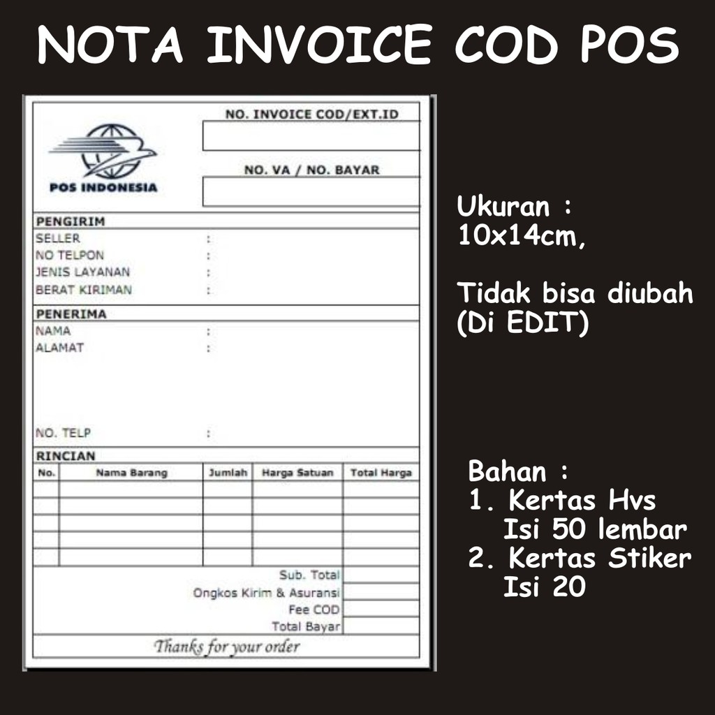 

NOTA INVOICE COD POS/LABEL PENGIRIMAN COD POS/KERTAS ALAMAT/Label Nota Invoice COD POS