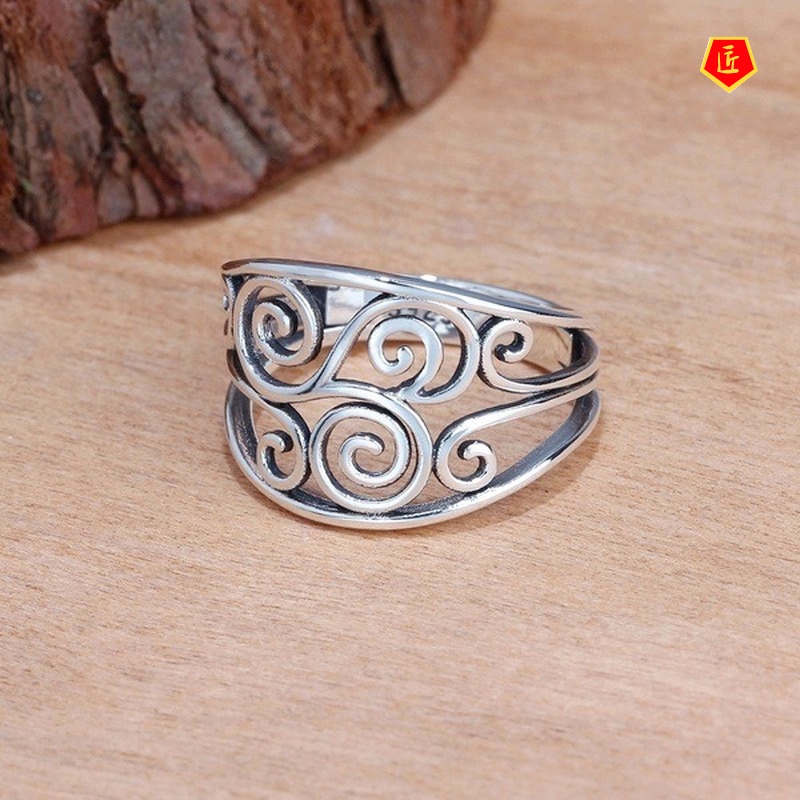 [Ready Stock]Vintage Silver Black Hollow Flower Ring