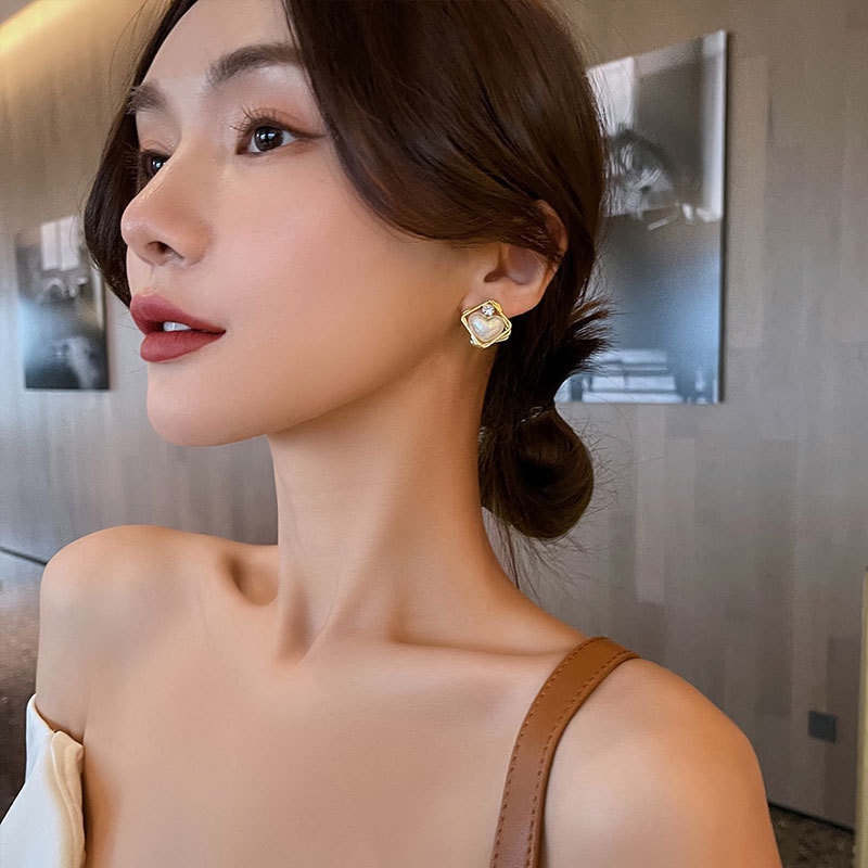 HBS 096 Anting Tusuk Mutiara Berlian Kotak Anting Korea Anting bulat anting wanita perempuan murah fashion wanita Fashion