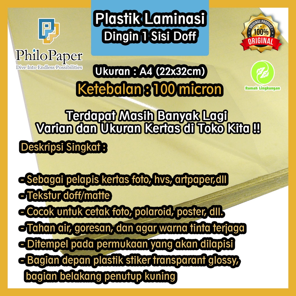 

Plastik Laminasi Dingin Doff 100 Micron A4