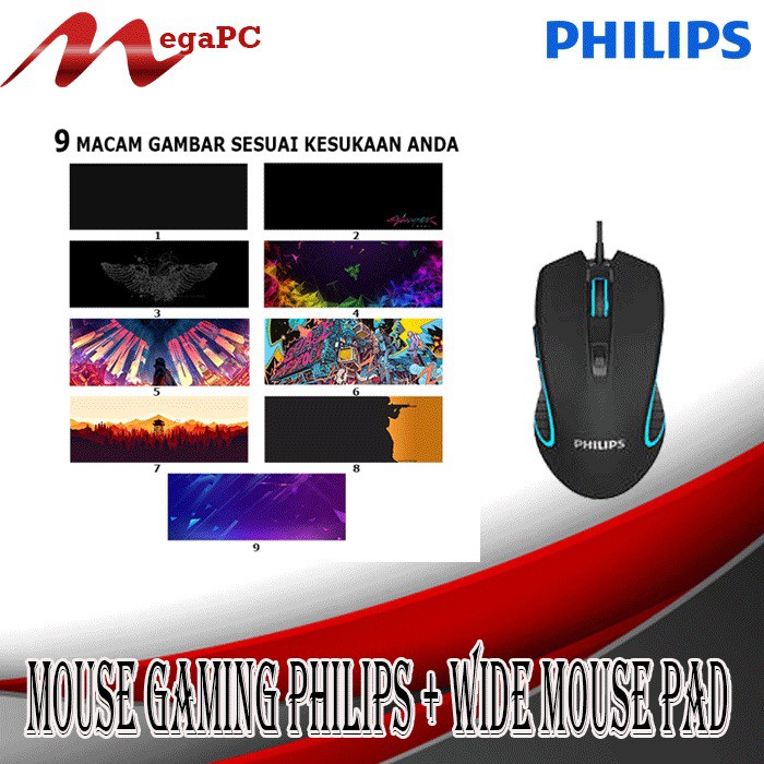 Paket Mouse Gaming Philips Kabel USB 2.0 &amp; Gaming Mouse Pad Large