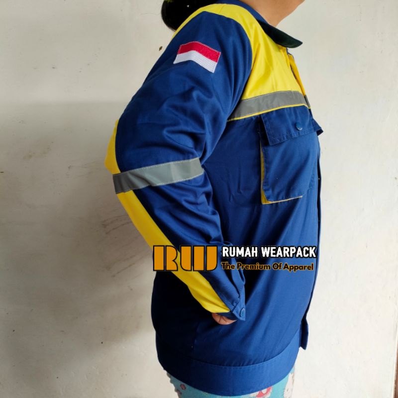 Wearpack Kerja/ Baju Proyek/ Seragam Kerja Warna Biru Benhur Kombinasi Kuning