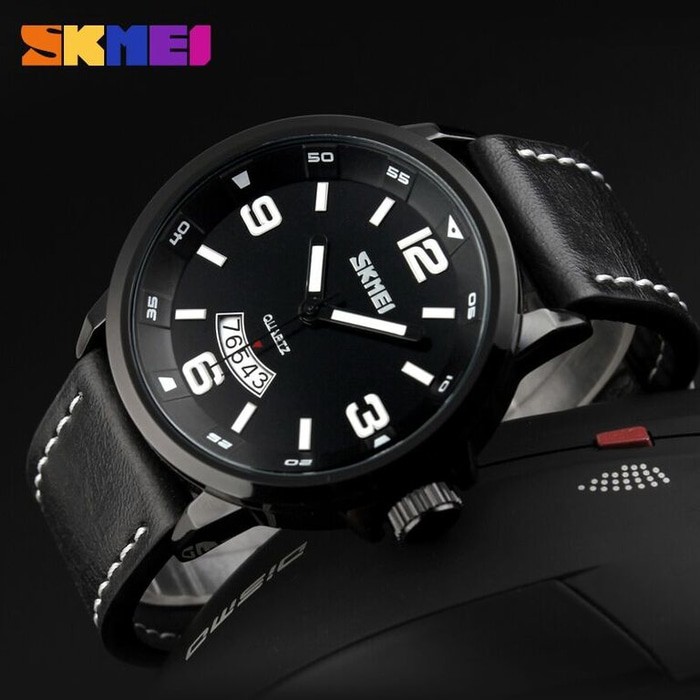 JAM TANGAN SKMEI PRIA ORIGINAL CASUAL TALI KULIT TANGGAL AKTIF TAHAN AIR BERGARANSI SIMPLE