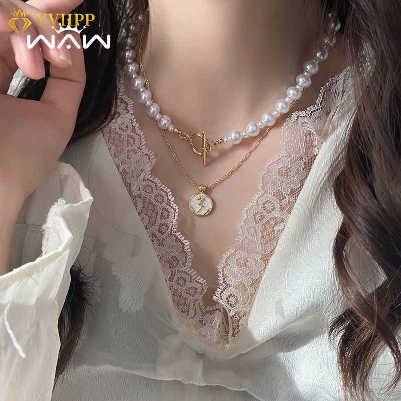 Kalung Choker Rantai Ganda Hias Liontin Mutiara Warna Rose Gold Untuk Wanita