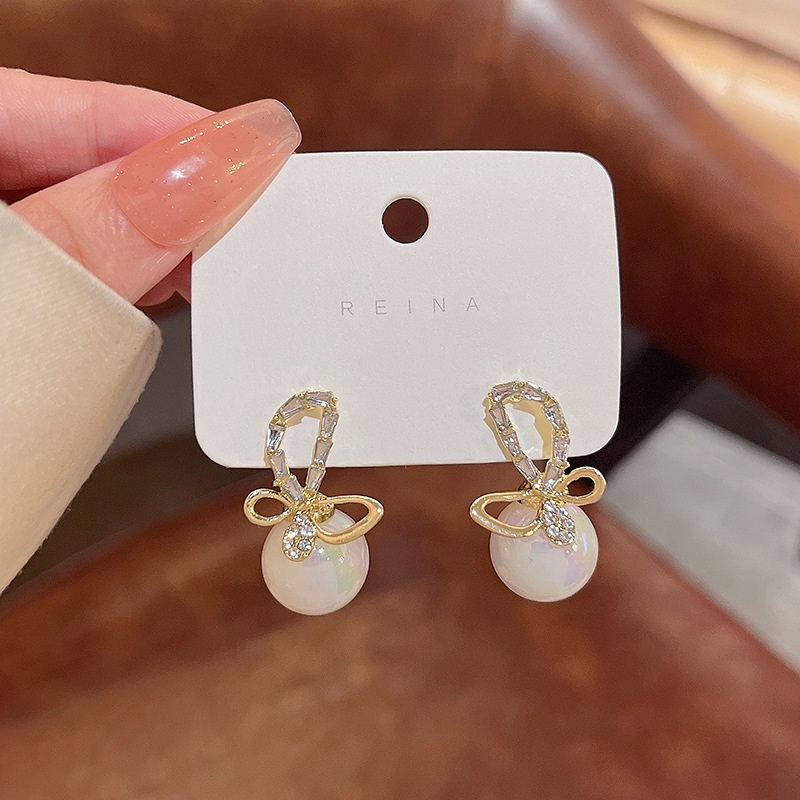 Anting Stud Desain Pita Aksen Mutiara Berlian Imitasi Bahan 925 silver needle