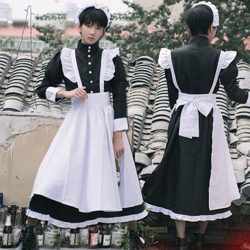 【Wetrose】Pria Wanita Memakai Cosplay Lucu Jepang Lolita Anime Pembantu Loli Hitam Panjang Gaun Kostum Maid Costume Suit