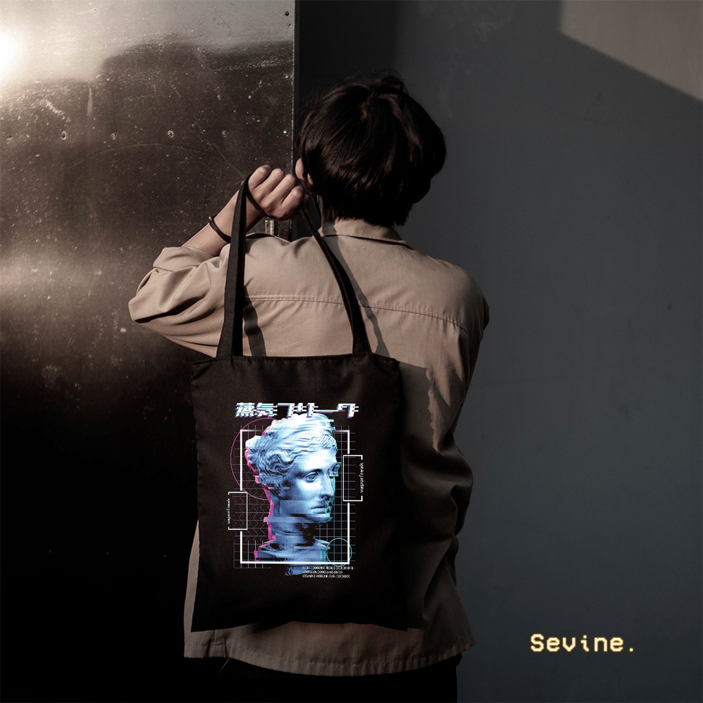 Sevine Totebag Fashion Tas Tote Bag Hitam Resleting Pria Wanita Laptop Kuliah Retro Vaporwave - HVW3