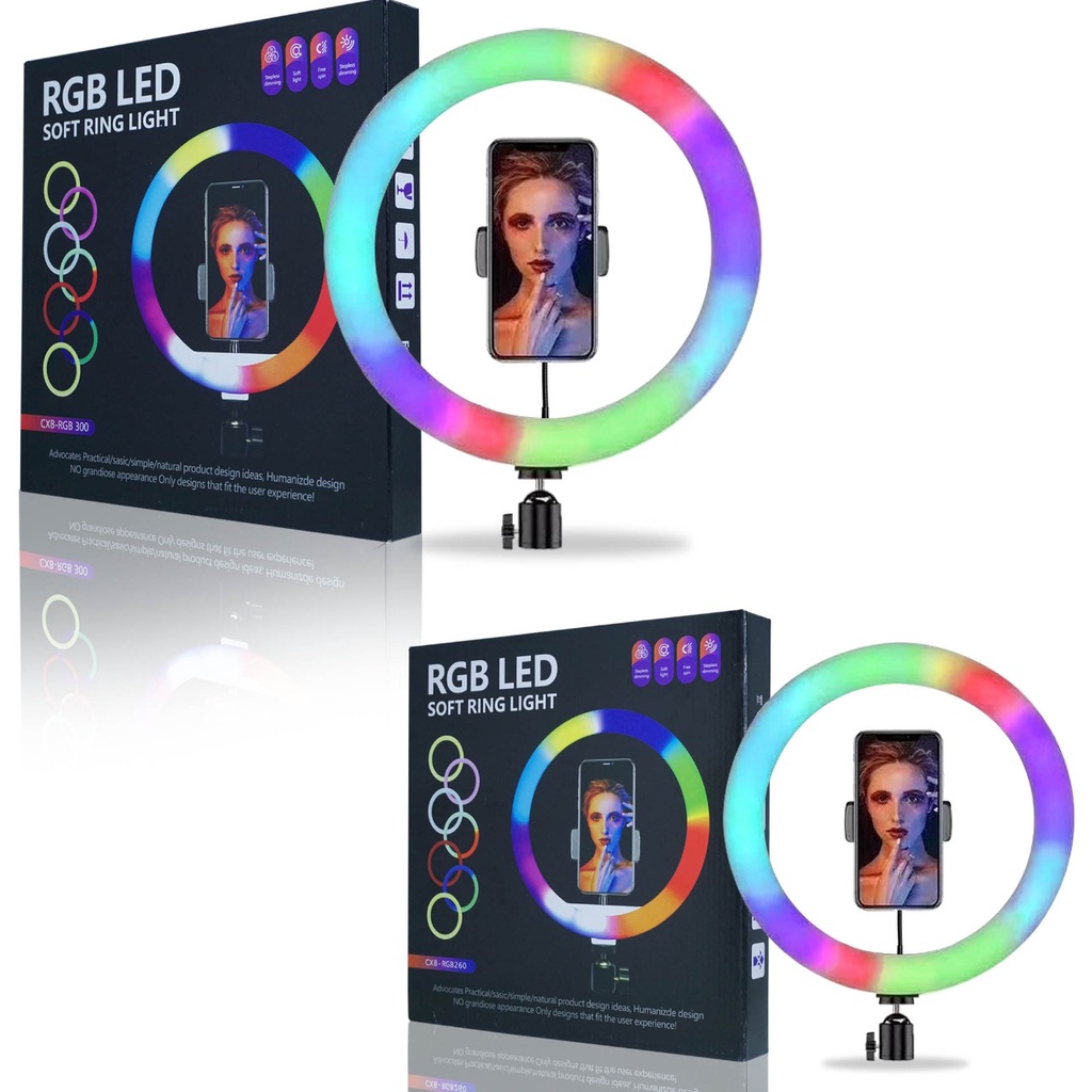 Handphone Holder Stand Selfie Ring Light RGB LED 26 cm - 30 cm Rainbow Lampu Disko + Tripod 2.1 Meter