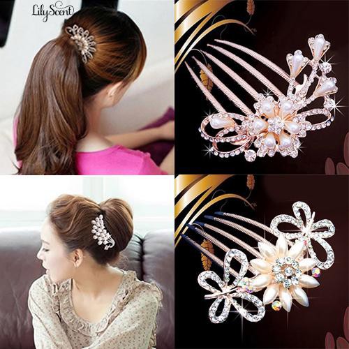 Wedding Bridal Rhinestone Faux Pearls Hairpin Flower Peacock Comb