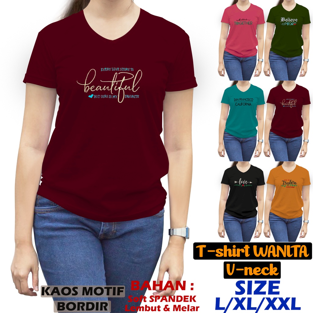 MyBlouse-KAOS WANITA V-NECK L-XL-XXL BORDIR / KAOS LEHER V / KAOS MURAH V-NECK LENGAN PENDEK