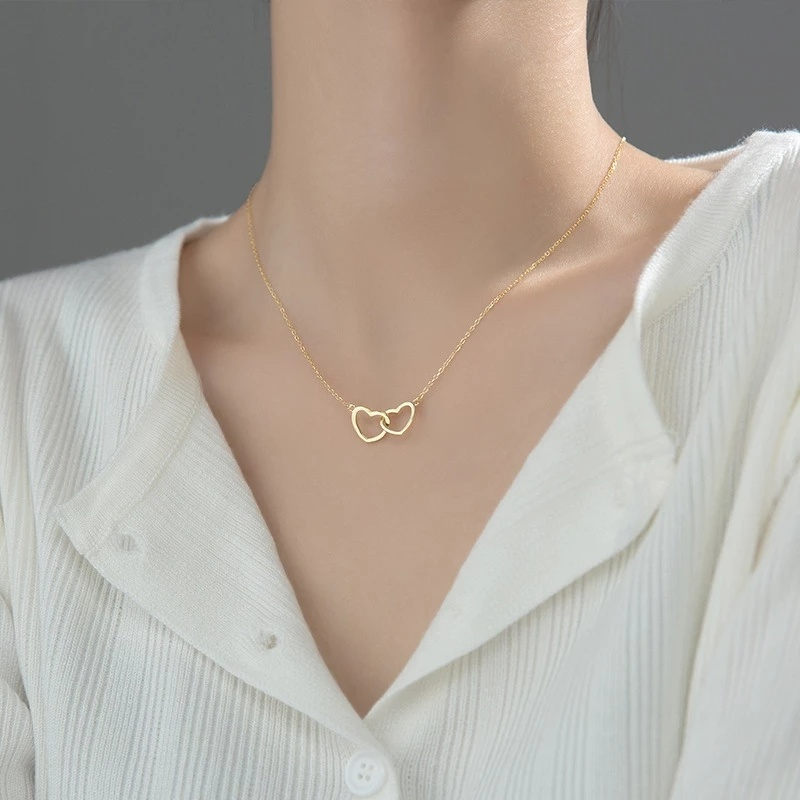 Kalung Choker Klavikula Dengan Liontin Bentuk Hati Ganda Geometris Gaya Elegan Untuk Wanita