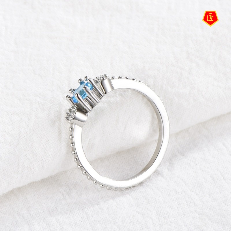 [Ready Stock]Simple Personality 925 Silver Sea Blue Diamond Ring