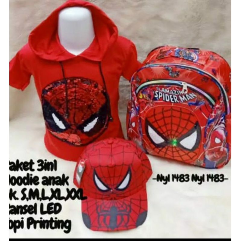 3in1 tas sekolah spiderman+kaos anak spiderman+topi anak spiderman tk