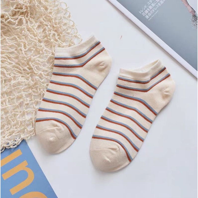 [ COD ] Kaos Kaki Wanita Pria Motif Kotak Catur Garis Polos Simple New Fashion Korean Style Socks Breathable Gaya Korea / Kaos Kaki Pendek Unkle Sock-Garis Coklat
