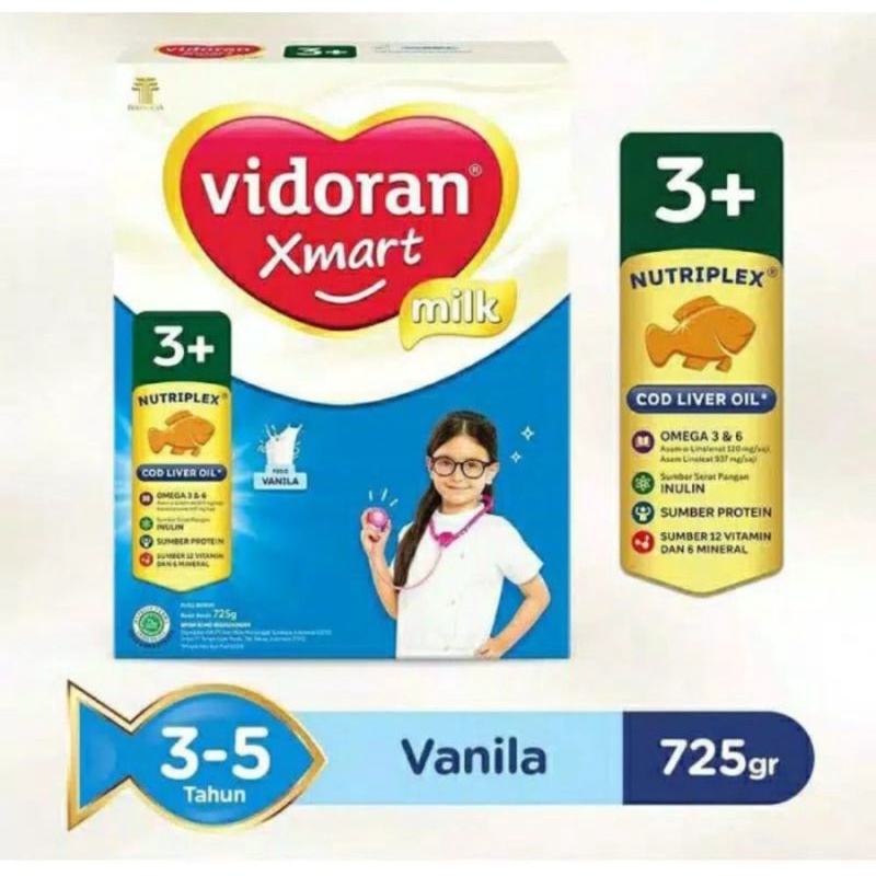 Susu VIDORAN Xmart 3+ Vanila Nutriplex Liver Oil Kemasan 725 gr Usia 3-5 tahun.
