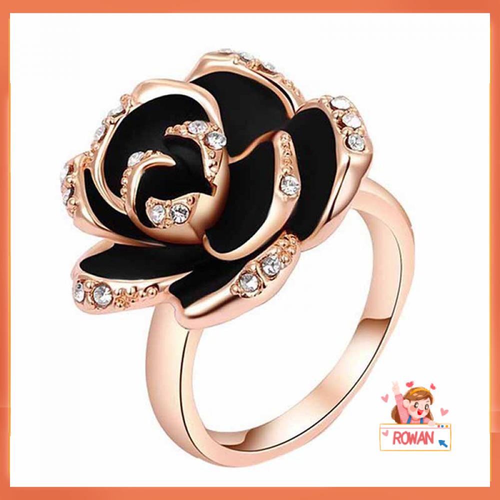 Cincin Desain Bunga Mawar Kristal Warna Hitam Emas Dapat Disesuaikan Untuk Wanita