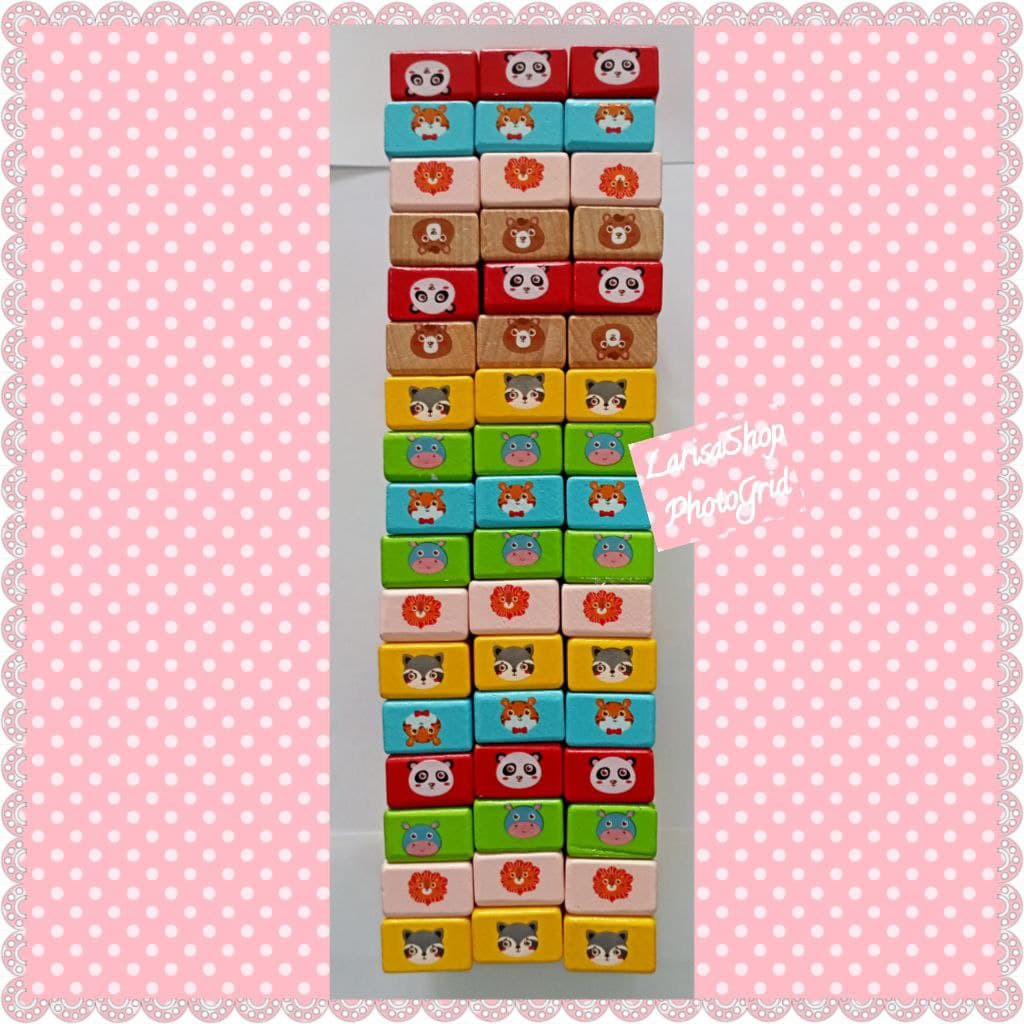 Permainan Anak Stacko Balok Susun Jenga 51 pcs / Wooden Jenga Kayu Color Animal Kartun - Edisi Anak