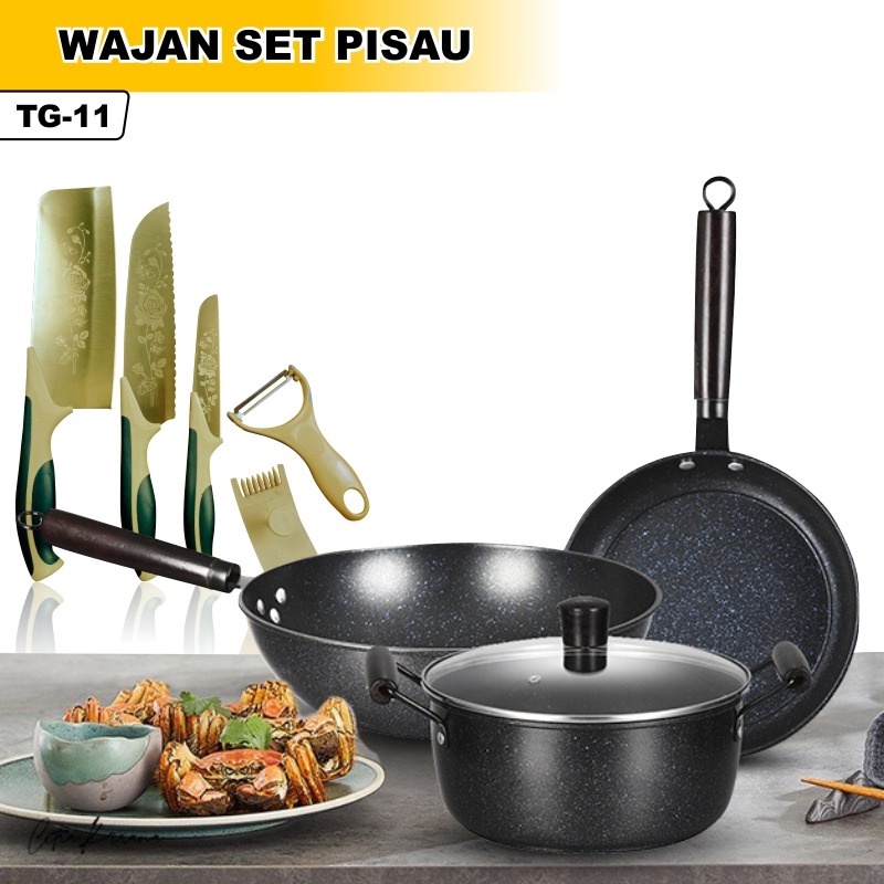 Panci Set Wajan Penggorengan Teflon Set isi 9 Pcs Panci Set Teflon Anti Lengket Serbaguna Free Pisau Set Cantik