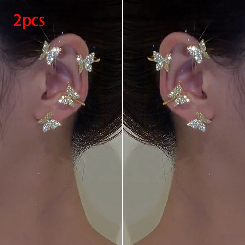 2pcs / set Anting Tusuk + Klip / Jepit + Rantai Rumbai Desain Kupu-Kupu Gaya Korea Untuk Wanita