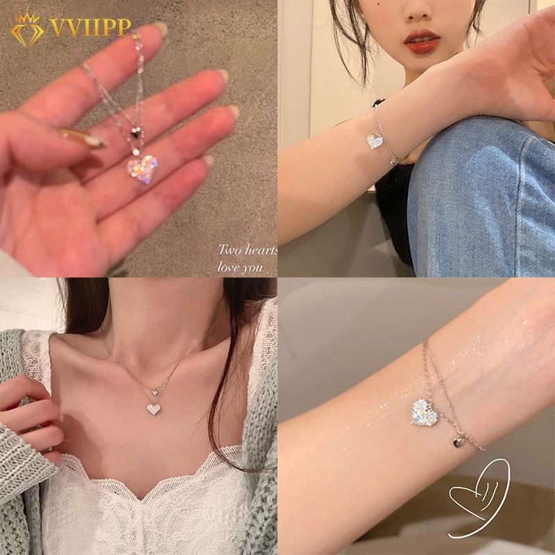 Kalung Choker Rantai Ganda Liontin Hati Aksen Kristal Warna Silver Untuk Wanita