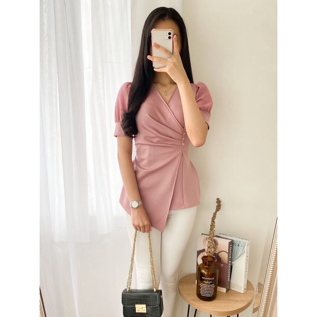 COTTONBELLS ATASAN CASUAL WANITA SCUBA KEIZA PLAID V TIED TOP (AL - B 12583)-5