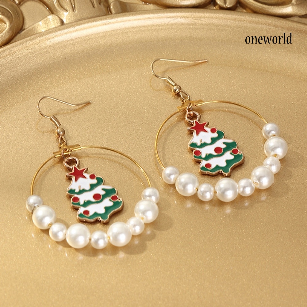 OW# Women Christmas Tree Elk Eardrop Faux Pearl Geometric Hoop Earrings Xmas Gift