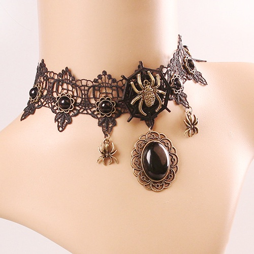 Vintage Gothic Embroidery Spider Choker with Stone Pendant 8514