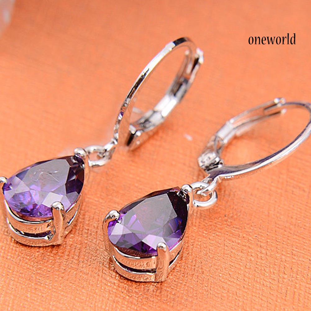 OW@ Elegant Women's Purple Rhinestone Water Drops Leverback Dangle Earrings Gift