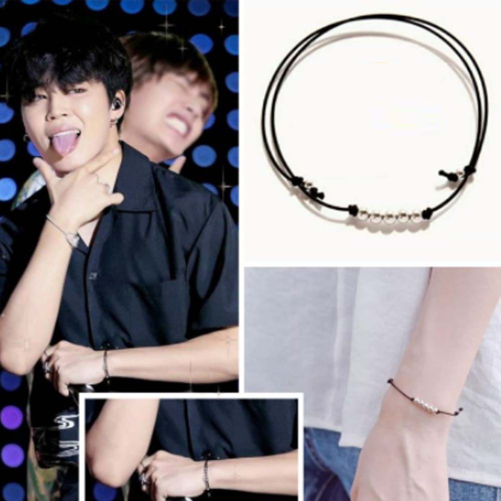 Gelang BTS Jimin 5 SILVER BEADS TALI KOREA HITAM