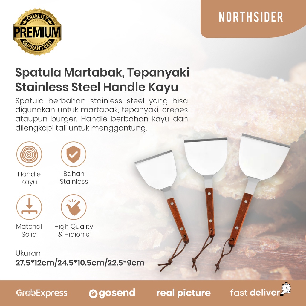 SPATULA MARTABAK PIZZA TEPANYAKI KAPE BURGER STAINLESS HANDLE KAYU