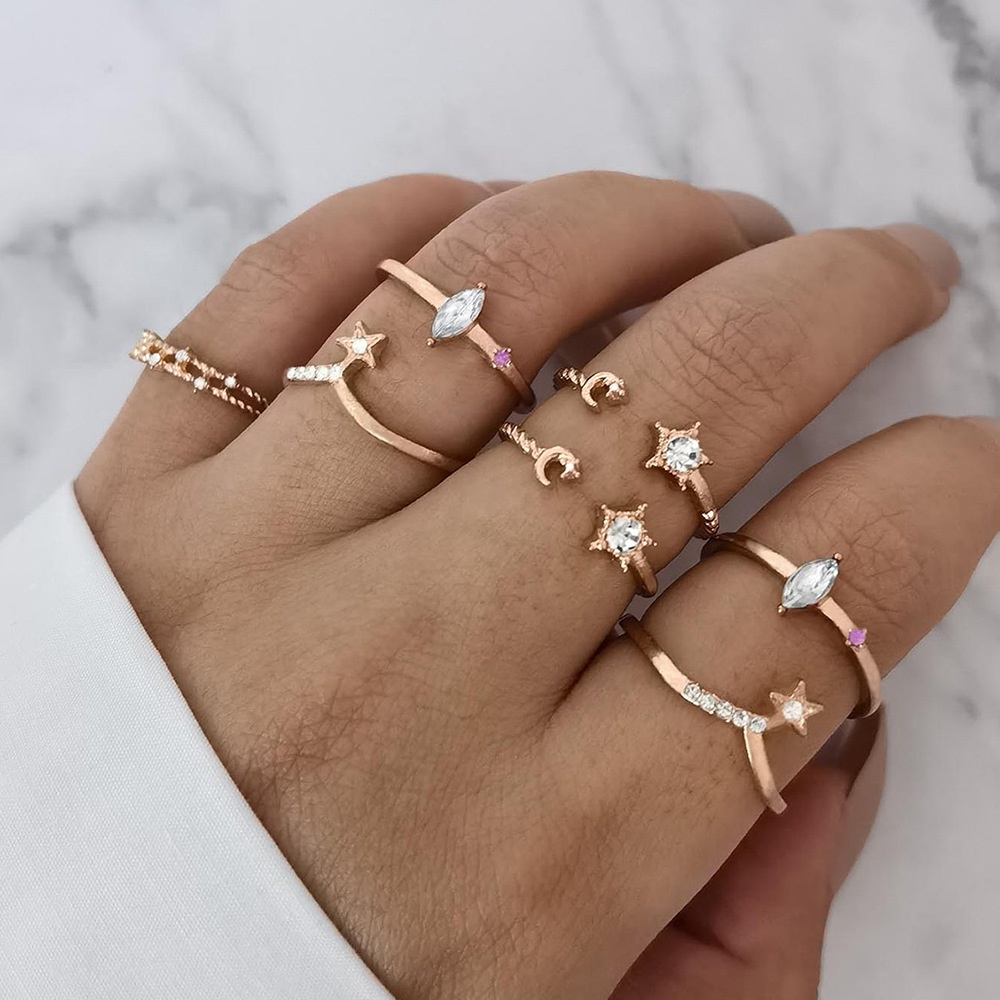 7pcs / Set Cincin Berlian Ungu Bentuk Bulan Pentagram Geometris Model Terbuka Gaya Bohemian Eropa Amerika