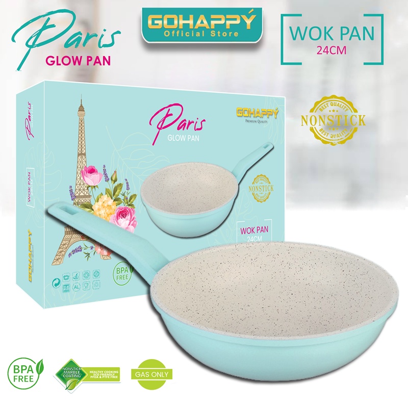 Gohappy Panci Wok Pan Marble Paris 24cm GHP10 Wajan Wokpan masak anti lengket gagang lembut