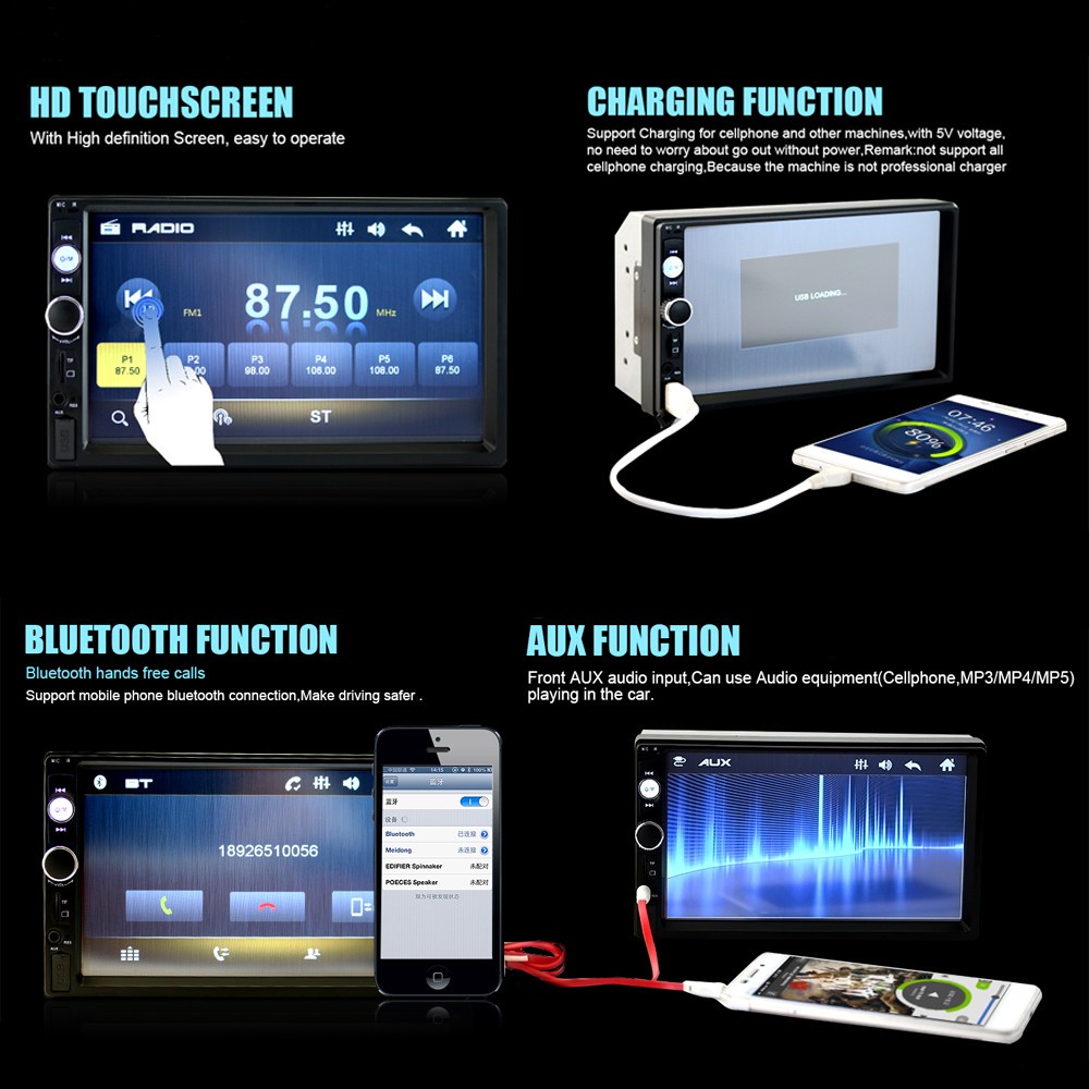 Podofo Tape Audio Mobil Media Player MP5 Bluetooth Touch Screen - 7023B - Black