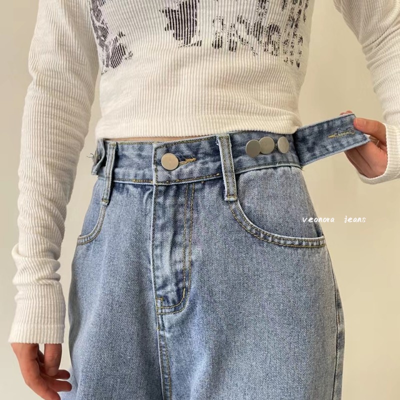 Korean Style Highwaist Straight Loose Kulot Jeans Yang Dapat Disesuaikan Bagy Boyfriend Celana Panjang Jeans Wanita